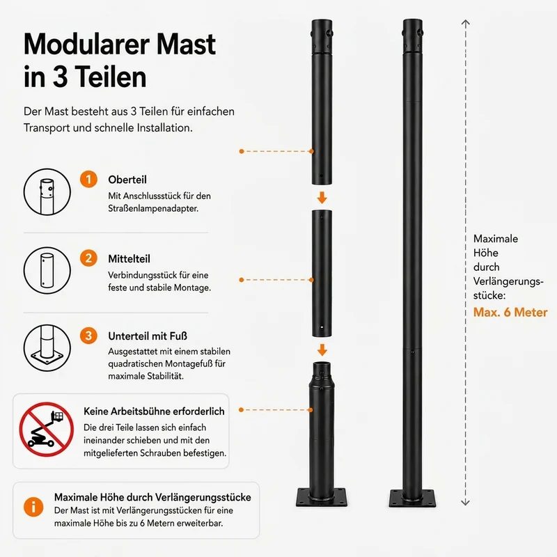 Schwarzer Lichtmast - Ø60mm | 3 Meter | Max. 6 Meter