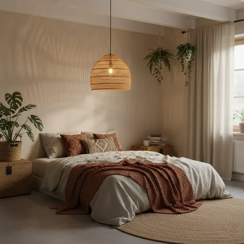 Rattan Pendelleuchte, beige und schwarz | Rattan