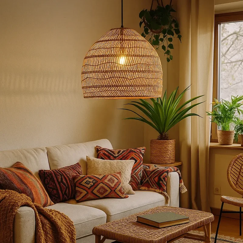 Rattan Pendelleuchte, beige und schwarz | Rattan