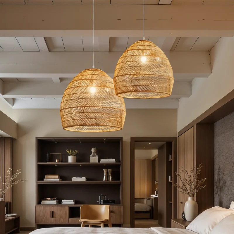 Rattan Pendelleuchte, beige und schwarz | Rattan