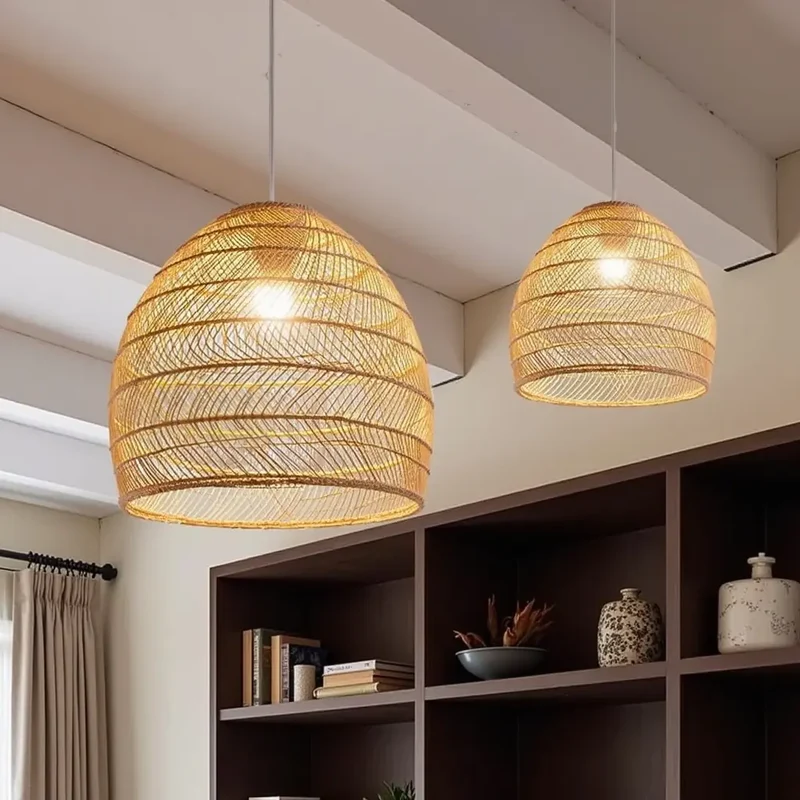 Rattan Pendelleuchte, beige und schwarz | Rattan