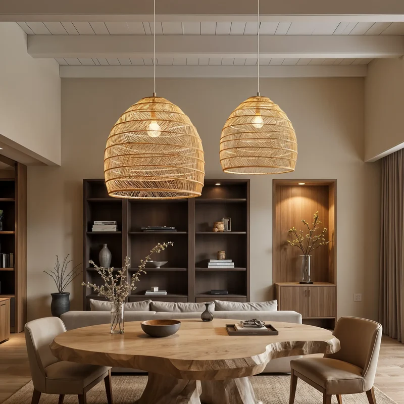 Rattan Pendelleuchte, beige und schwarz | Rattan