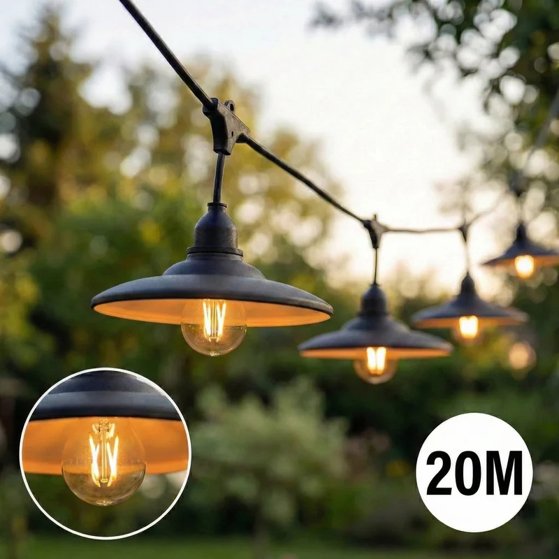 Komplette Lichterkette mit 20 Lampenschirmen | 20 Meter | Schwarzer Lampenschirm | Verkettbar | E27 | Inkl. 1-W-Glühbirnen