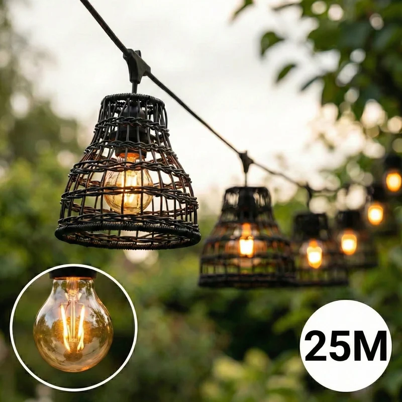 Komplette Lichterkette mit 25 Lampenschirmen | 25 Meter | Schwarzer Bambus | Verbindbar | E27 | Inklusive 1-Watt-Glühbirnen