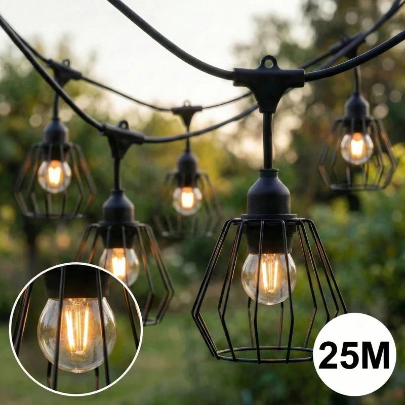 Komplette Lichterkette mit 25 Lampenschirmen | 25 Meter | Industrielampenschirm | Verkettbar | E27 | Inkl. 1-W-Glühbirnen