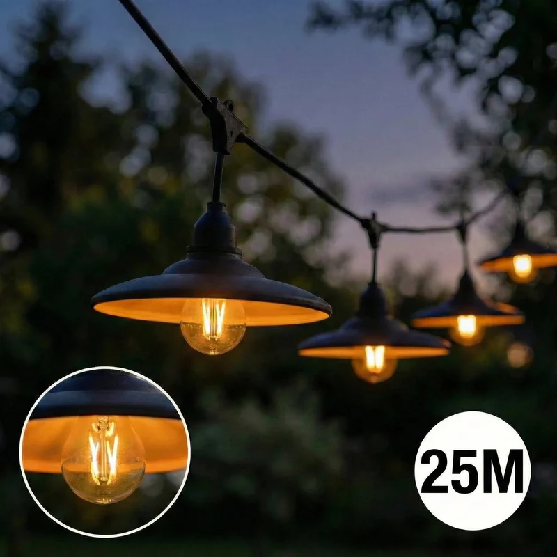 Komplette Lichterkette mit 25 Lampenschirmen | 25 Meter | Schwarzer Lampenschirm | Verkettbar | E27 | Inkl. 1-W-Glühbirnen