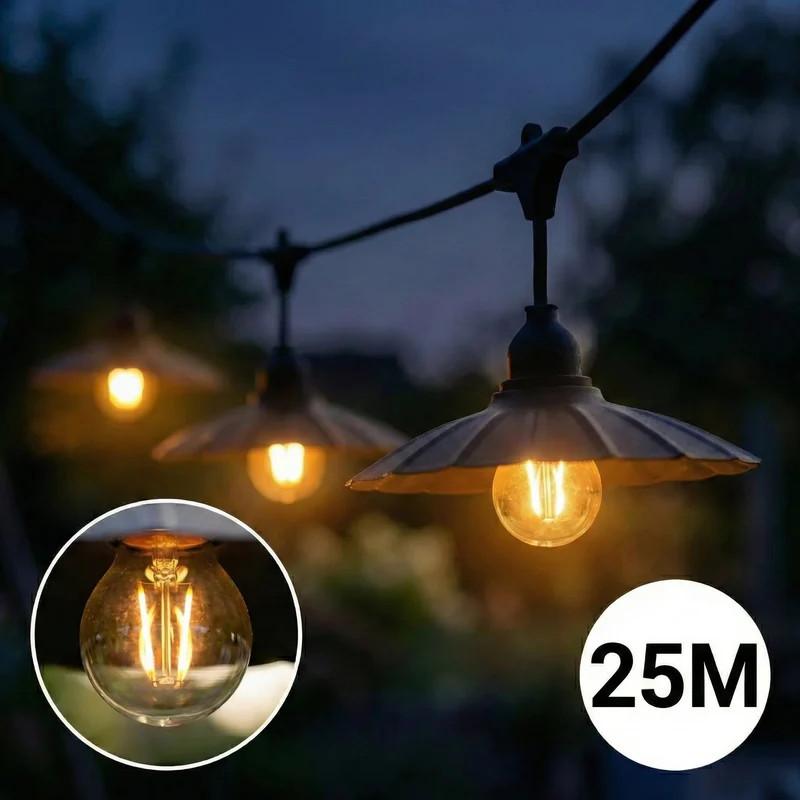 Komplette Lichterkette mit 25 Lampenschirmen | 25 Meter | Muschelform | Verkettbar | E27 | Inkl. 1-W-Glühbirnen