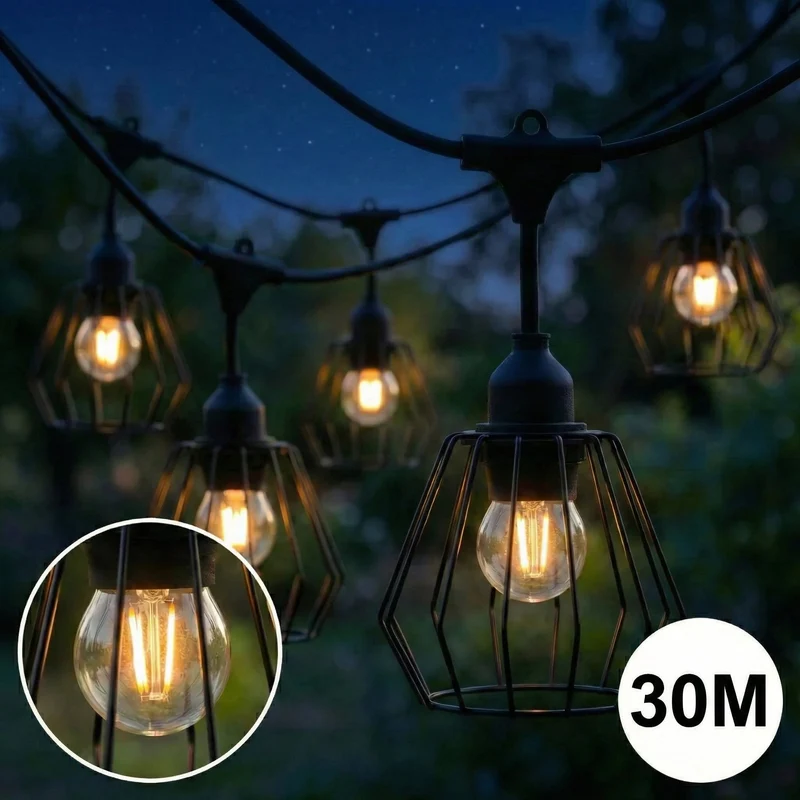 Komplette Lichterkette mit 30 Lampenschirmen | 30 Meter | Industrielampenschirm | Verkettbar | E27 | Inkl. 1-W-Glühbirnen