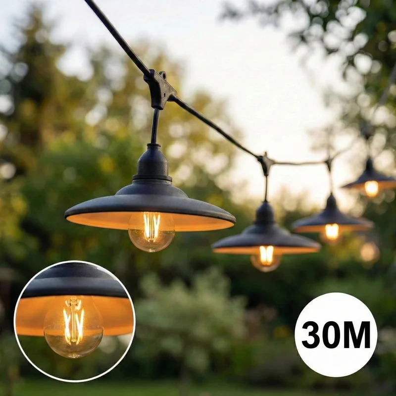 Komplette Lichterkette mit 30 Lampenschirmen | 30 Meter | Schwarzer Lampenschirm | Verkettbar | E27 | Inkl. 1-W-Glühbirnen