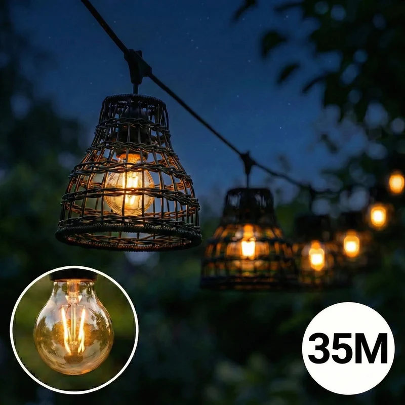 Komplette Lichterkette mit 35 Lampenschirmen | 35 Meter | Schwarzer Bambus | Verkettbar | E27 | Inkl. 1-W-Glühbirnen