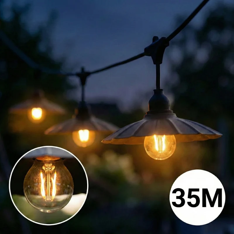 Komplette Lichterkette mit 35 Lampenschirmen | 35 Meter | Muschelform | Verkettbar | E27 | Inkl. 1-W-Glühbirnen