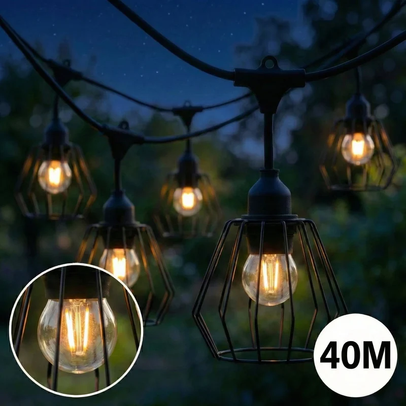Komplette Lichterkette mit 40 Lampenschirmen | 40 Meter | Industrielampenschirm | Verkettbar | E27 | Inkl. 1-W-Glühbirnen