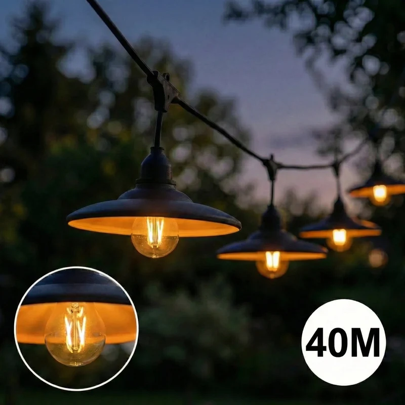 Komplette Lichterkette mit 40 Lampenschirmen | 40 Meter | Schwarzer Lampenschirm | Verkettbar | E27 | Inkl. 1-W-Glühbirnen