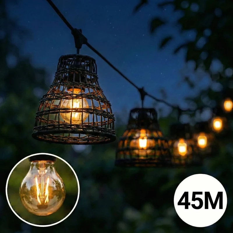 Komplette Lichterkette mit 45 Lampenschirmen | 45 Meter | Schwarzer Bambus | Verbindbar | E27 | Inklusive 1-Watt-Glühbirnen