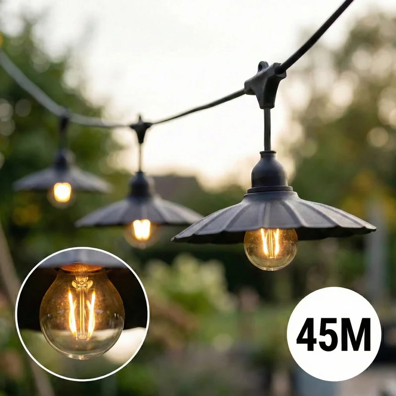 Komplette Lichterkette mit 45 Lampenschirmen | 45 Meter | Muschelform | Verkettbar | E27 | Inkl. 1-W-Glühbirnen