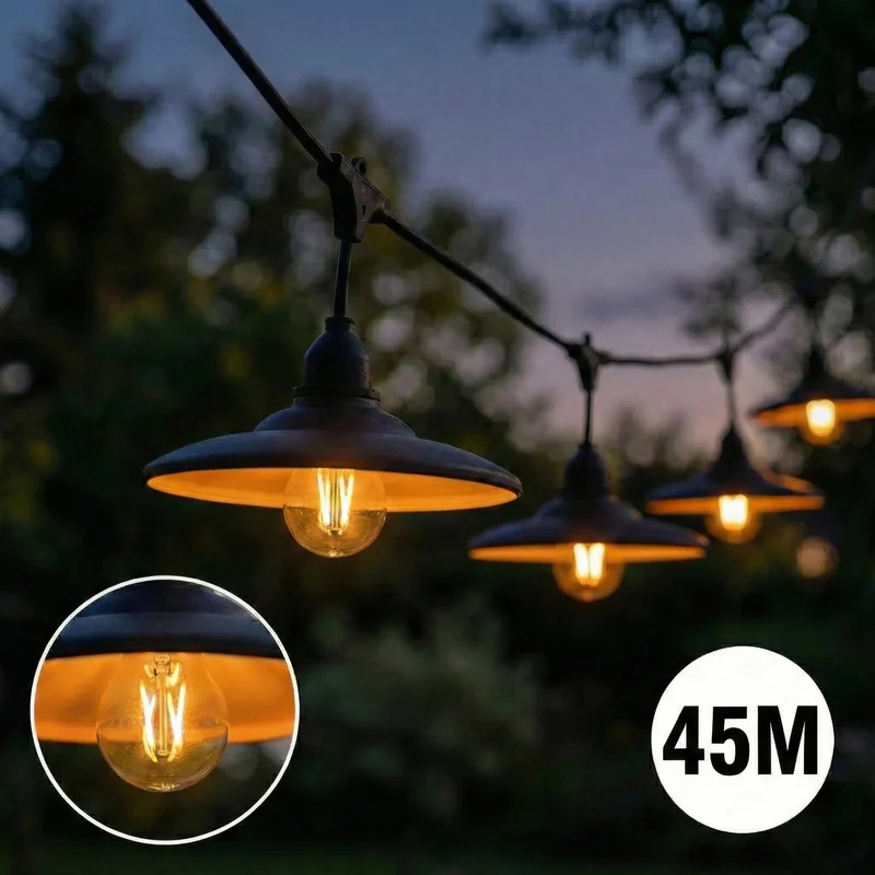 Komplette Lichterkette mit 45 Lampenschirmen | 45 Meter | Schwarzer Lampenschirm | Verkettbar | E27 | Inkl. 1-W-Glühbirnen