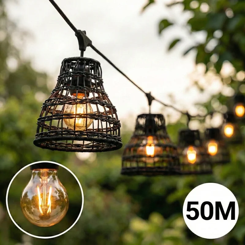Komplette Lichterkette mit 50 Lampenschirmen | 50 Meter | Schwarzer Bambus | Verbindbar | E27 | Inklusive 1-Watt-Glühbirnen