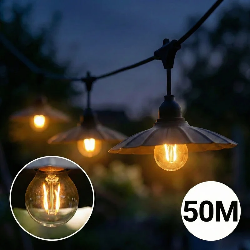 Komplette Lichterkette mit 50 Lampenschirmen | 50 Meter | Muschelform | Verkettbar | E27 | Inkl. 1-W-Glühbirnen