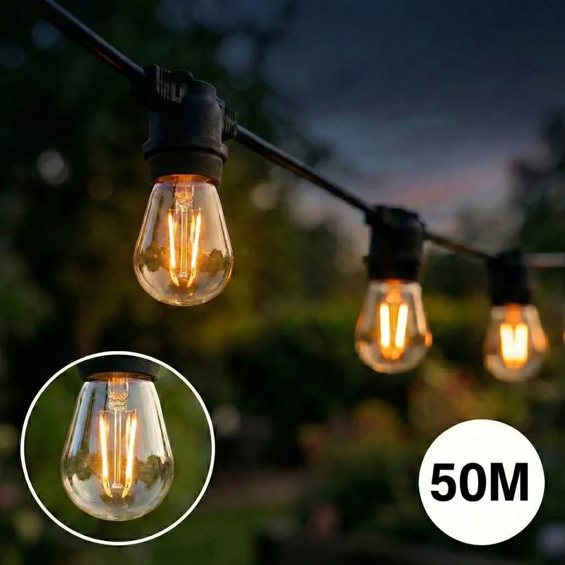 Komplettes Set | 50 Meter Lichterkette | Inklusive 50 Glühlampen | 1 W | 2700 K | Verkettbare Lichterkette