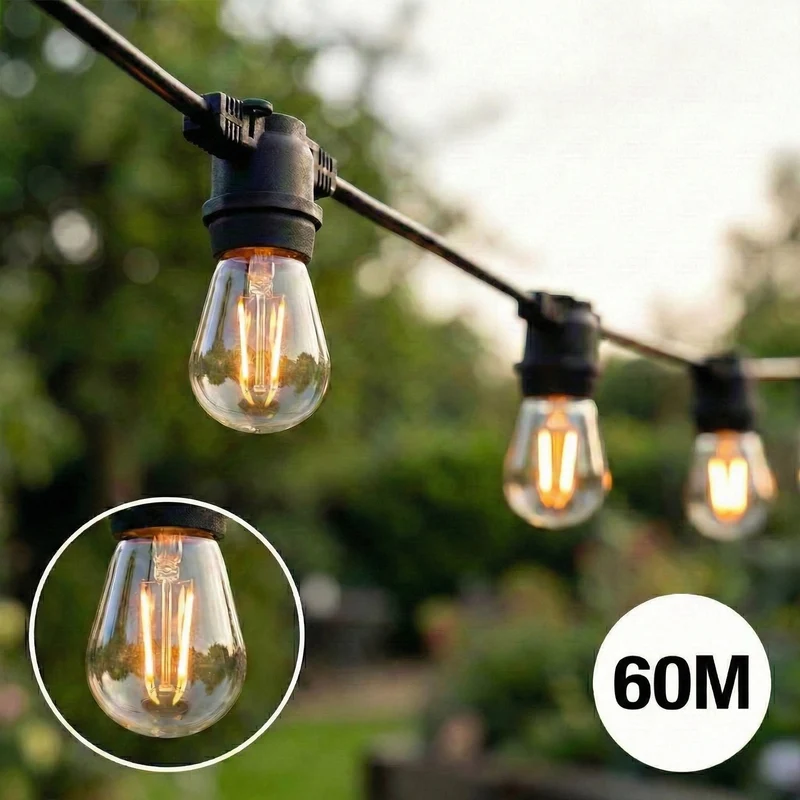 Komplettes Set | 60 Meter Lichterkette | Inklusive 60 Glühlampen | 1 W | 2700 K | Verkettbare Lichterkette