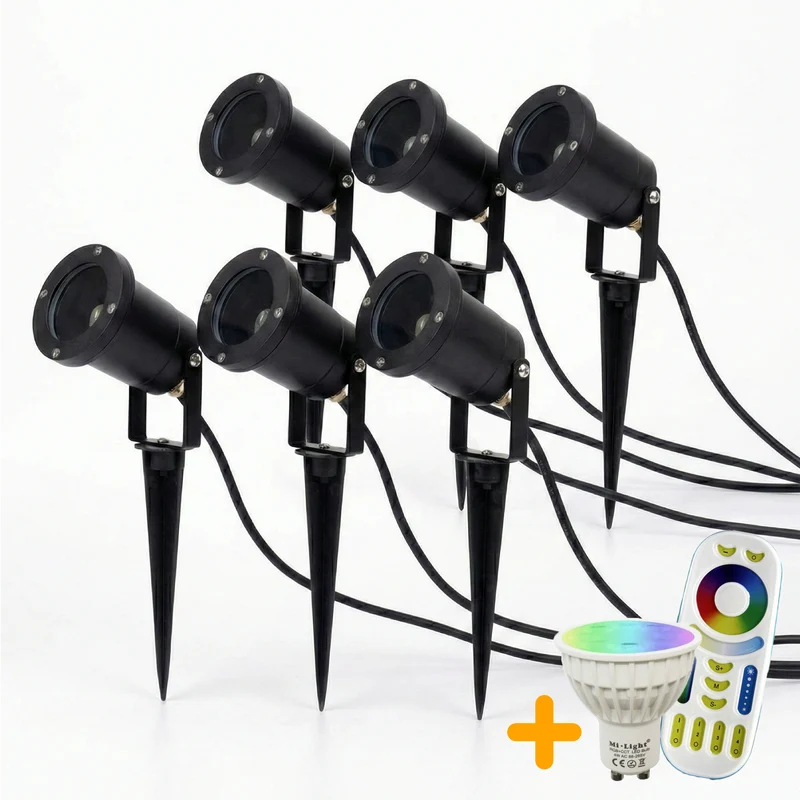 6er-Set | Samara Spike Strahler | Komplettset | RGB-CCT | Inkl. Lichtquelle und Fernbedienung | GU10 | IP65 | Schwarz | Rund