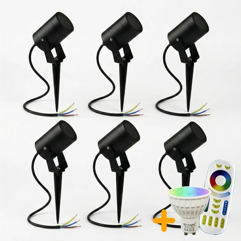 6er-Set | Spike-Strahler | Komplettset | RGB-CCT | Inkl. Lichtquelle und Fernbedienung | GU10 | IP65 | Schwarz | Rund