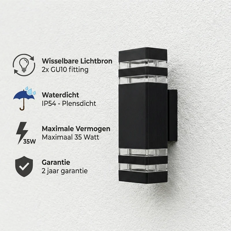 Wandleuchte | Nach oben und unten schwenkbar | Schutzart IP65 | Schwarz | 2x GU10 | Malibu