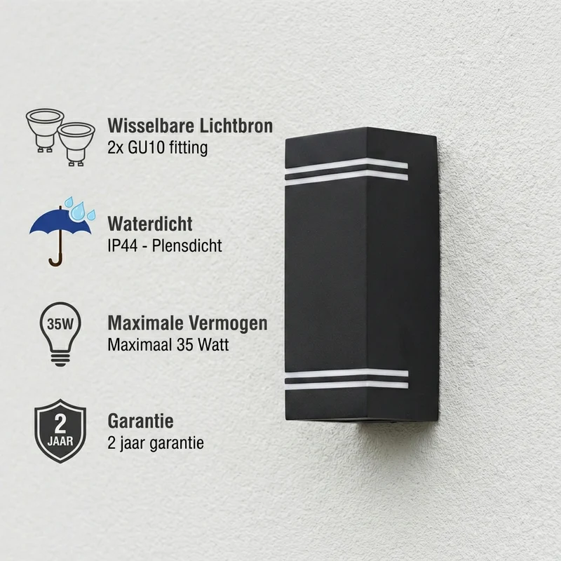 Wandleuchte | Nach oben und unten schwenkbar | Schutzart IP65 | Schwarz | 2x GU10 | Tobago