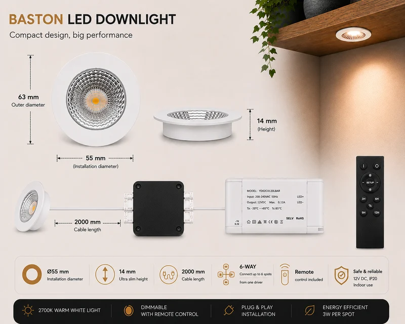 6x Baston LED Einbaustrahler Küche Ø55mm | dimmbare Küchenbeleuchtung | Unterbauleuchte Küche & Schrankbeleuchtung | 2700K | inkl. Fernbedienung | 3W | Weiß