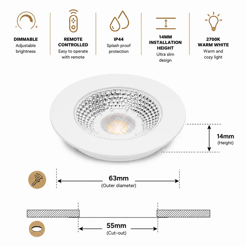 6x Baston LED Einbaustrahler Küche Ø55mm | dimmbare Küchenbeleuchtung | Unterbauleuchte Küche & Schrankbeleuchtung | 2700K | inkl. Fernbedienung | 3W | Weiß