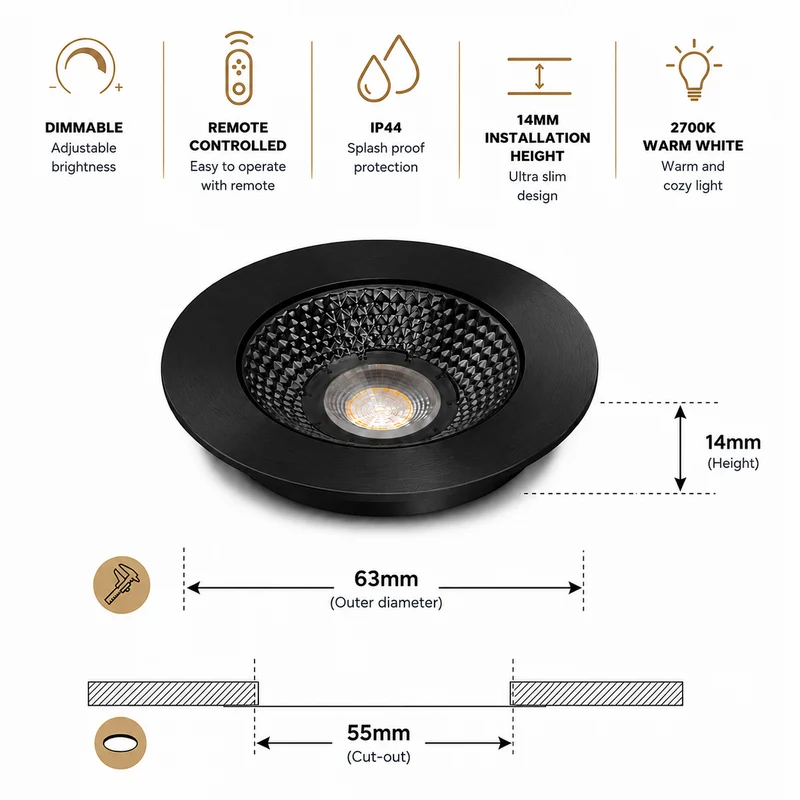 4x Baston LED Einbaustrahler Küche Ø55mm | dimmbare Küchenbeleuchtung | Unterbauleuchte Küche & Schrankbeleuchtung | 2700K | inkl. Fernbedienung | 3W | Schwarz