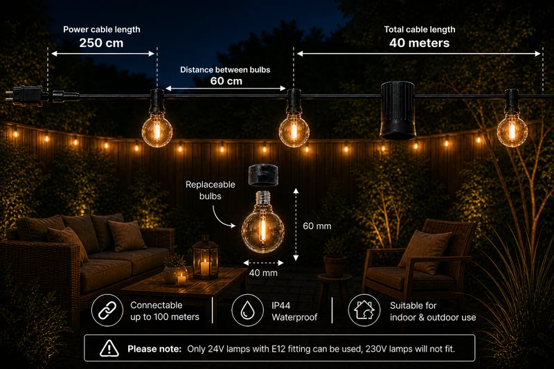 40M Lichterkette mit Fernbedienung | Inkl. 72x LED-Lampen | DIMMBAR | 1W | 2700K | 24V | Plug & Play | Verbindbar