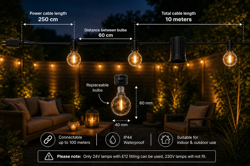 10M Lichterkette mit Fernbedienung | Inkl. 15x LED Lampen | DIMMBAR | 1W | 2700K | 24V | Plug & Play | Koppelbar