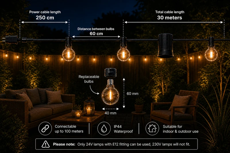 30M Lichterkette mit Fernbedienung | Inkl. 51x LED-Lampen | DIMMBAR | 1W | 2700K | 24V | Plug & Play | Verbindbar