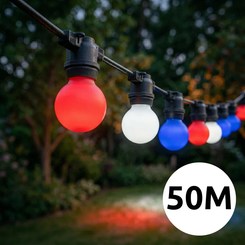 Rot-weiß-blaue Lichterkette | 50 Meter | inkl. farbiger Lampen