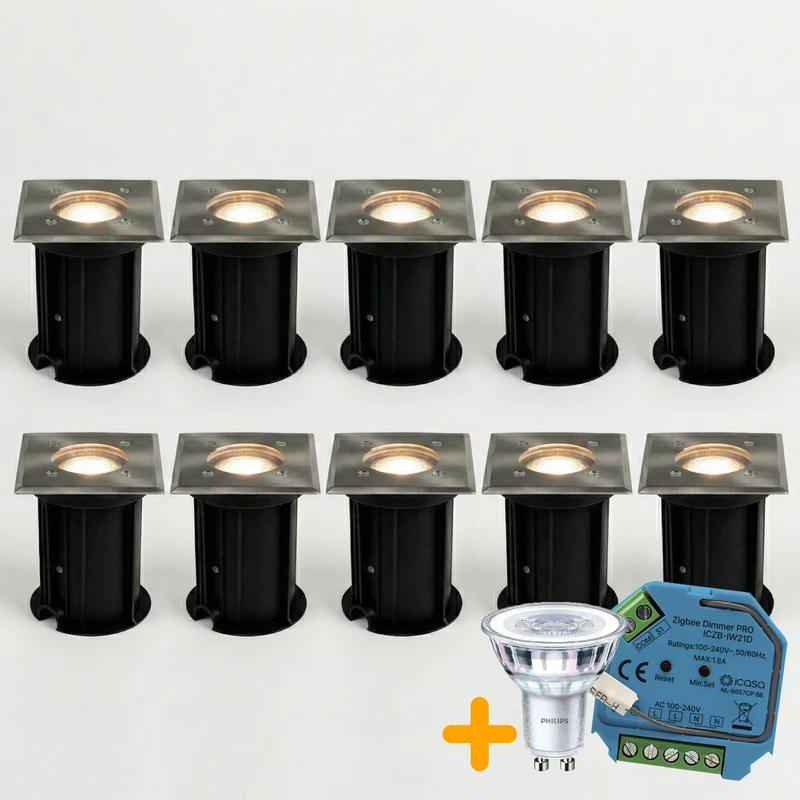 10er-Pack Smart LED-Bodeneinbaustrahler GU10 Quadratisch Athen Edelstahl IP66 inkl. Philips Leuchtmittel HUE-kompatibel