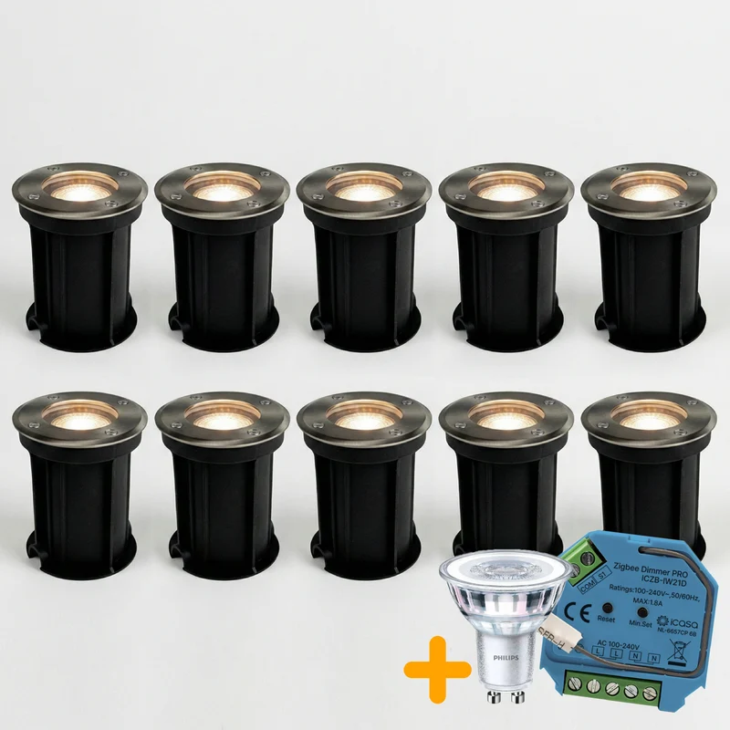 10er-Pack Smart-LED-Bodenstrahler, GU10, rund, Rhodes Edelstahl, IP66, inkl. Philips-Lichtquelle, HUE-kompatibel