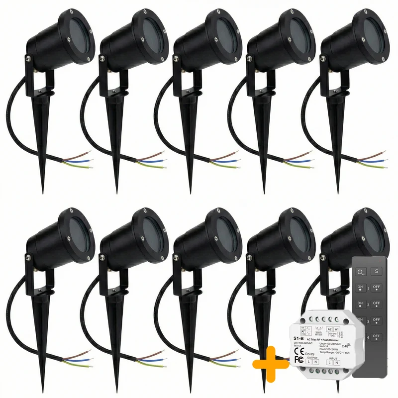 10 Stück | Gartenstrahler GU10 | Komplettset | Inkl. 3x PHILIPS Strahler | Kabellos dimmbar mit Fernbedienung