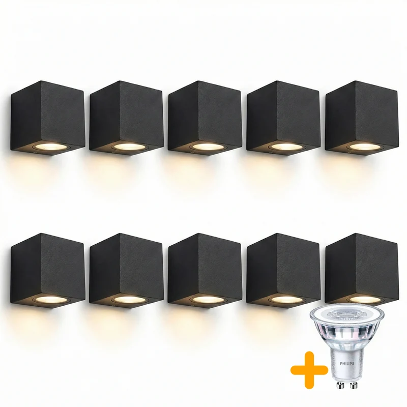 10-teiliges Set | Wand-/Außenleuchte | Inkl. 10 Philips Strahler | Komplett | San Diego | IP44 | 1 GU10 | Schwarz