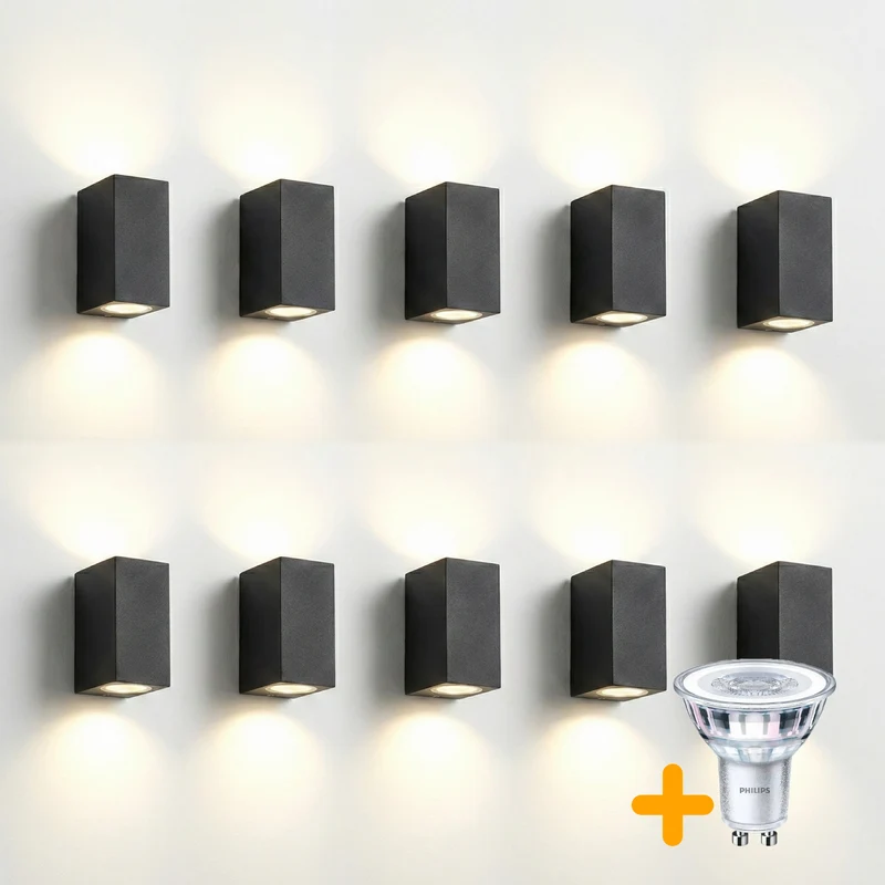 10-teiliges Set | Wand-/Außenleuchte | Inkl. 20 Philips Strahlern | Komplett | San Francisco | IP44 | 2 GU10 | Schwarz