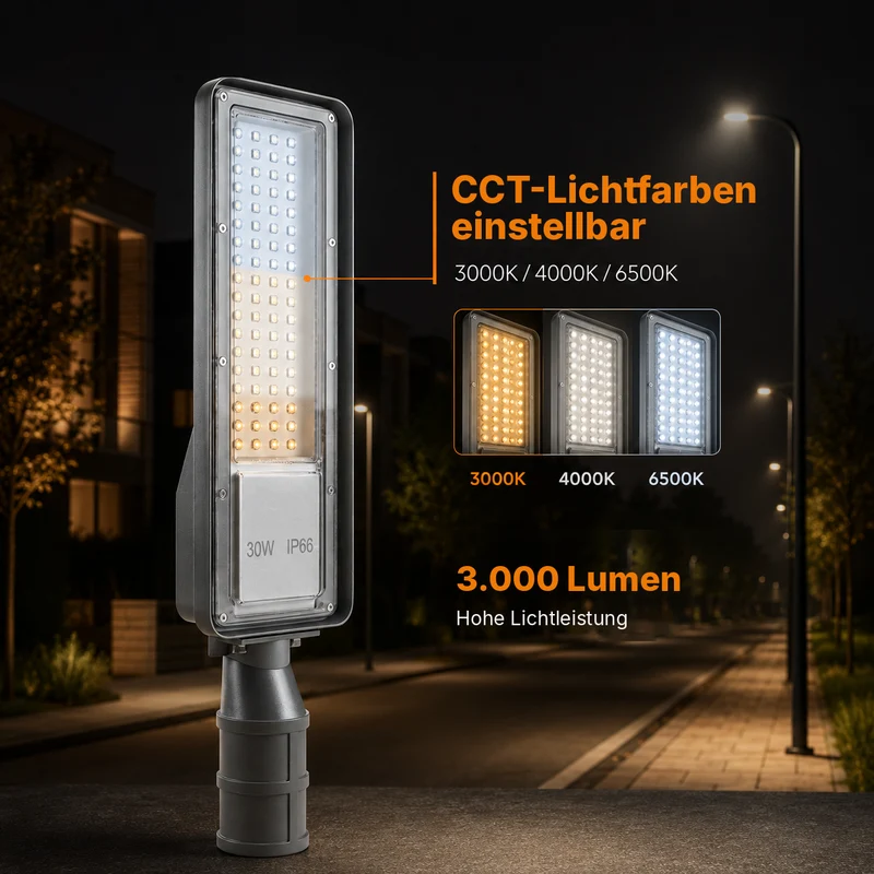 LED Straatlamp met Schemersensor | 30W | 3.000 lm | 3000/4000/6500K CCT-Switch | IP66 | Kantelbaar | Hero