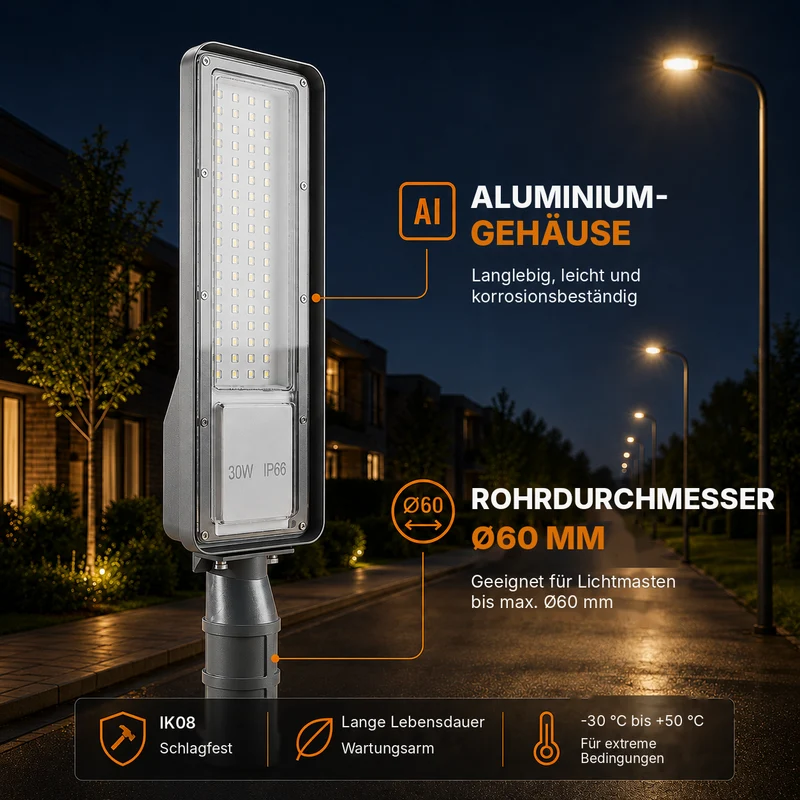 LED Straatlamp | 30W | 3.000 lm | 3000/4000/6500K CCT-Switch | IP66 | Kantelbaar | Hero
