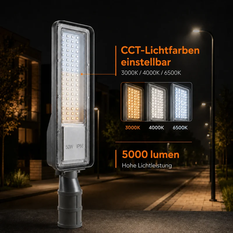 LED Straatlamp met Schemersensor | 50W | 5.000 lm | 3000/4000/6500K CCT-Switch | IP66 | Kantelbaar | Hero
