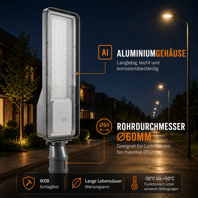 LED Straatlamp met Schemersensor | 50W | 5.000 lm | 3000/4000/6500K CCT-Switch | IP66 | Kantelbaar | Hero