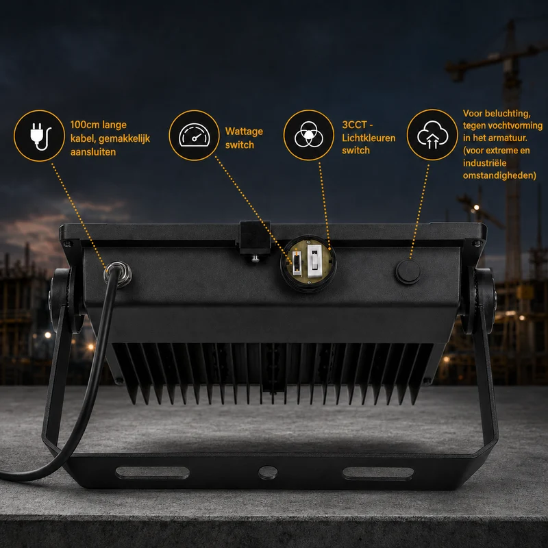 LED Bouwlamp | 120/160/200W Switch | 30.000 lm | 3000K/4000K/5700K CC-Switch | IP66 | Kantelbaar | Zwart | Aurus