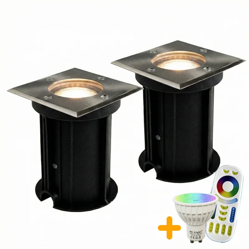 2-teiliges LED-Bodenstrahler-Set (GU10, quadratisch) mit RGBCCT-Lichtquelle und Fernbedienung, Edelstahl, Schutzart IP66