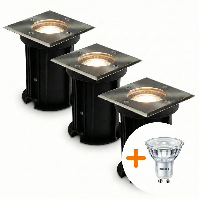 3-teilig | LED-Bodenstrahler GU10 quadratisch | Athen | Edelstahl | IP66 | Inkl. PHILIPS Lichtquelle