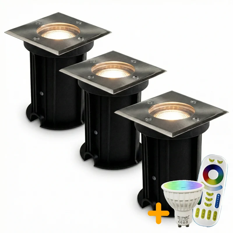 3-teiliges LED-Bodenstrahler-Set (GU10, quadratisch) mit RGBCCT-Lichtquelle und Fernbedienung, Edelstahl, Schutzart IP66, Athen