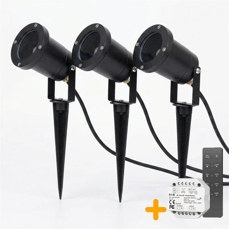 3-teiliges Set | Gartenstrahler GU10 | Komplettset | Inkl. 3x PHILIPS Strahler | Kabellos dimmbar mit Fernbedienung