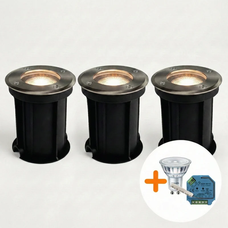 3-teilig | Intelligenter LED-Bodenstrahler GU10 rund | Rhodes | Edelstahl | IP66 | Inkl. Philips Leuchtmittel | Hue-kompatibel